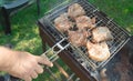 Close-up of a man`s hand preparing fried meat, outdoors, in summer, against the background of grass Royalty Free Stock Photo