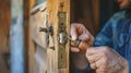 Close-up of a man& x27;s hand repairing an old wooden door with a metal key. Royalty Free Stock Photo