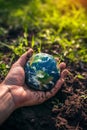 Close-up of a man& x27;s hands holding a globe of the earth. Earth Day Concept Save the World save the environment Royalty Free Stock Photo