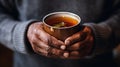 Close up of a man& x27;s hands holding an iced tea, AI