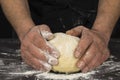 Close up of man`s hands kneading the dough