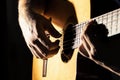 Close up of man`s hands playing classical guitar. Musical instrument for recreation or hobby passion concept Royalty Free Stock Photo