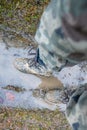 Close-up for a man`s legs in military camouflage with a trekking wellington shoes dirty in mud