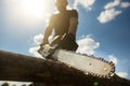 Close-up of a man sawing a log with a chainsaw Royalty Free Stock Photo