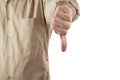 Close up man showing thumb down on white background with copy space Royalty Free Stock Photo