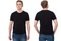 Close up Man in T-shirt black template. Guy Shirts set. tshirt mockup Front and back view. Mock up isolated on white background. Royalty Free Stock Photo