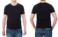 Close up Man in T-shirt black template. Guy Shirts set. tshirt mockup Front and back view. Mock up isolated on white background. Royalty Free Stock Photo