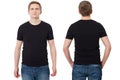 Close up Man in T-shirt black template. Guy Shirts set. tshirt mockup Front and back view. Mock up isolated on white background.