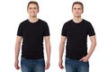 Close up Man in T-shirt black template. Guy Shirts set. tshirt mockup Front view. Mock up isolated on white background. Blank Royalty Free Stock Photo