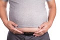 Close-up of man on t-shirt with protruded big belly