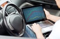 Close up of man using laptop computer in car Royalty Free Stock Photo