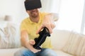 Close up of man in virtual reality headset playing Royalty Free Stock Photo