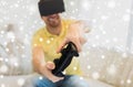 Close up of man in virtual reality headset playing Royalty Free Stock Photo