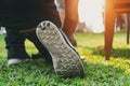 Close up of man who wearing running shoes in park before ready to start and go. Business and Sport concept. People and Nature Royalty Free Stock Photo