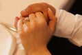 Close-up of man and woman hands with engagement ring Royalty Free Stock Photo