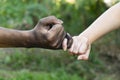 Close up man and woman hands touching holding together on blurred background for love valentine day concept, shake hand with a d Royalty Free Stock Photo