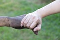 Close up man and woman hands touching holding together on blurred background for love valentine day concept, shake hand with a d Royalty Free Stock Photo