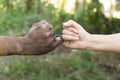 Close up man and woman hands touching holding together on blurred background for love valentine day concept, shake hand with a d Royalty Free Stock Photo