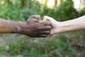 Close up man and woman hands touching holding together on blurred background for love valentine day concept, shake hand with a d Royalty Free Stock Photo