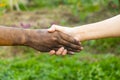 Close up man and woman hands touching holding together on blurred background for love valentine day concept, shake hand with a d Royalty Free Stock Photo