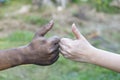 close up man and woman hands touching holding together on blurred background for love valentine day concept, shake hand with a d Royalty Free Stock Photo