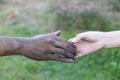 Close up man and woman hands touching holding together on blurred background for love valentine day concept, shake hand with a d Royalty Free Stock Photo