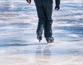 Close up with a man or a woman with skates on ice. Ice skating recreational activity