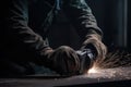 Close up of a man working with a grinder in the workshop, Industrial worker hands closeup view welding mettle, AI Generated Royalty Free Stock Photo