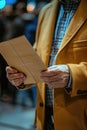 Close-up of a man's hand holding a folder in a yellow coat. Royalty Free Stock Photo