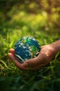 Close-up of a man& x27;s hands holding a globe of the earth. Earth Day Concept Save the World save the environment Royalty Free Stock Photo