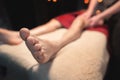 Close-up of a man& x27;s leg in a massage parlor. Healthy toes from fungus Royalty Free Stock Photo