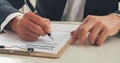 Close up manager businessman hands sign contract working meeting. Asian business man using pen signing on new contract to starting Royalty Free Stock Photo