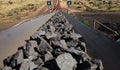 Close up of Manganese rock on a conveyor belt