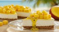 Close-up of Mango Cheesecake slice with a graham cracker crust and passion fruit sauce in front of a tropical beach setting Royalty Free Stock Photo