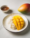 Close-up of mango sticky rice, Thai dessert. Sweet food. Tasty treat. Culinary concept Royalty Free Stock Photo