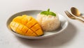 Close-up of mango sticky rice, Thai dessert. Sweet food. Tasty treat. Culinary concept Royalty Free Stock Photo