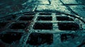 A close up of a manhole cover with water on it, AI Royalty Free Stock Photo
