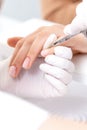 Close up of manicurist using manicure scissors