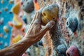 Close up of a mans hand gripping onto a climbing wall hold