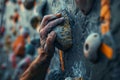 Close up of a mans hand gripping onto a climbing wall hold