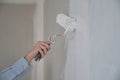 Close-up of mans hand using paint roller with white paint. Royalty Free Stock Photo