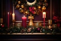 A close-up of the mantelpiece, featuring an array of Christmas decorations, such as candles, figurines, and a stunning wreath.