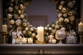 A close-up of the mantelpiece, featuring an array of Christmas decorations, such as candles, figurines, and a stunning wreath.