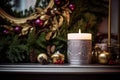 A close-up of the mantelpiece, featuring an array of Christmas decorations, such as candles, figurines, and a stunning wreath.