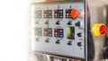 Close up many button switch of control panel of automatic industrial flour or food mixer machine with copy space Royalty Free Stock Photo
