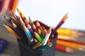 Close up of many colored pencils, macro. Art class student or workspace concept Royalty Free Stock Photo