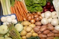 Close up of many colorful vegetables on market stand. Big assort Royalty Free Stock Photo