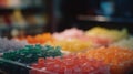 a close up of many different colored gummy bears in plastic trays