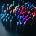 A close up of many different colored pens. AI generative image.