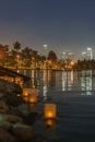 Close up of many lantern with Los Angeles city skyline in Lotus Festival Echo Park